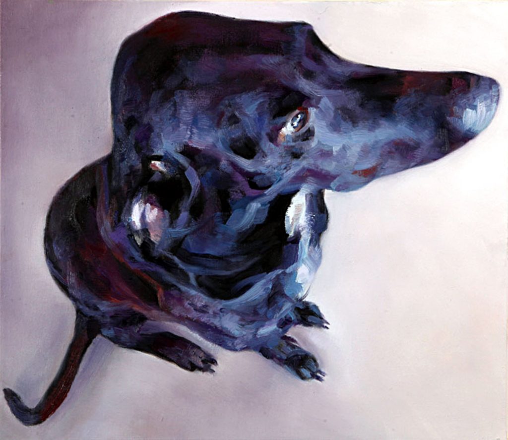 A high-contrast surreal oil painting of a dog viewed from an elevated perspective by Roi Pajursky. The canine form is rendered in expressive deep blue and violet brushstrokes, highlighting its soulful eyes and muscular build against a minimalist pale background.