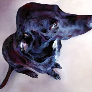 A high-contrast surreal oil painting of a dog viewed from an elevated perspective by Roi Pajursky. The canine form is rendered in expressive deep blue and violet brushstrokes, highlighting its soulful eyes and muscular build against a minimalist pale background.