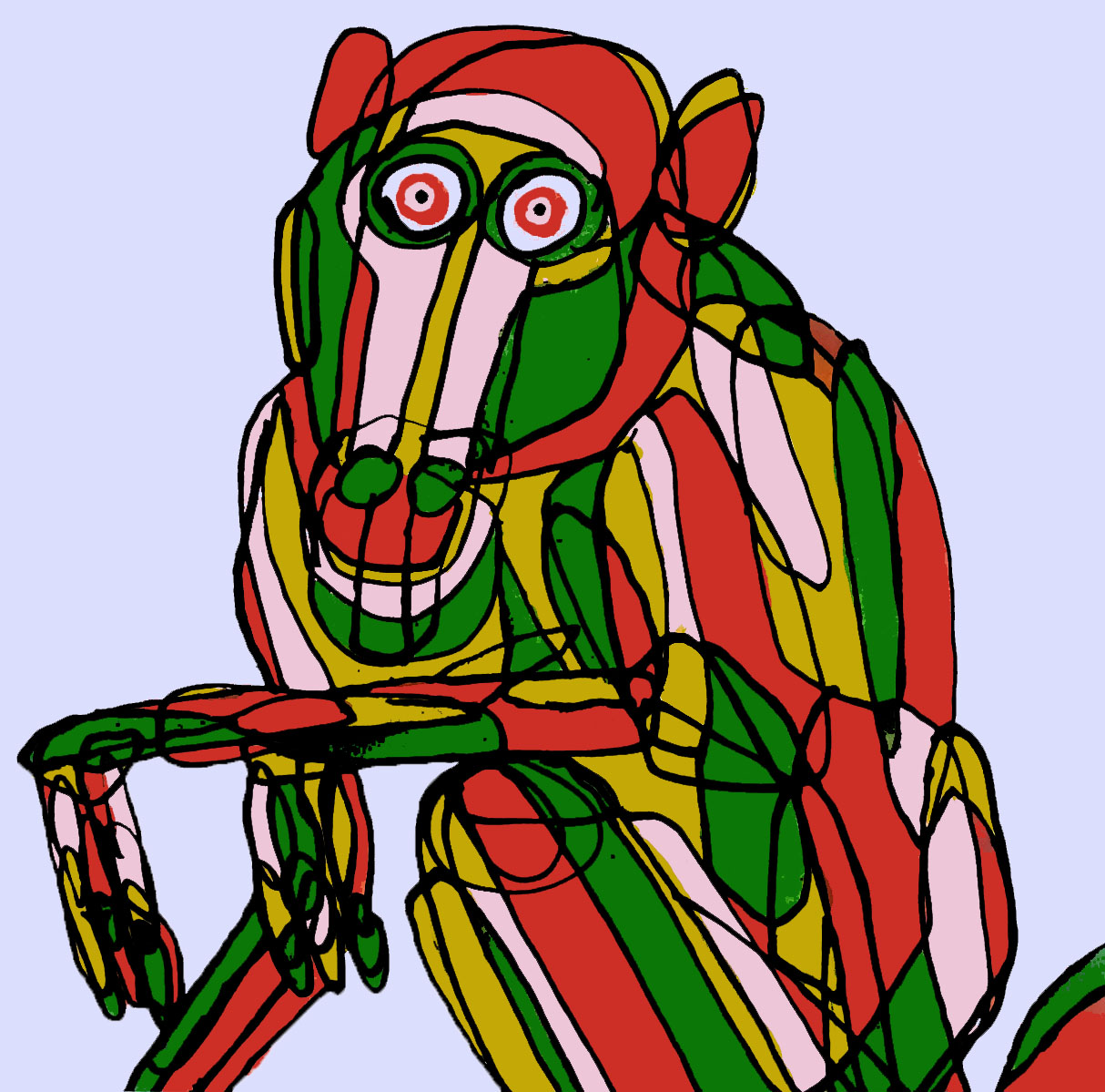 Roi Pajursky - Vibrant geometric illustration of a seated monkey or primate, featuring a complex patchwork of bright yellow, red, and blue patterns with grey accents against a solid light violet background.