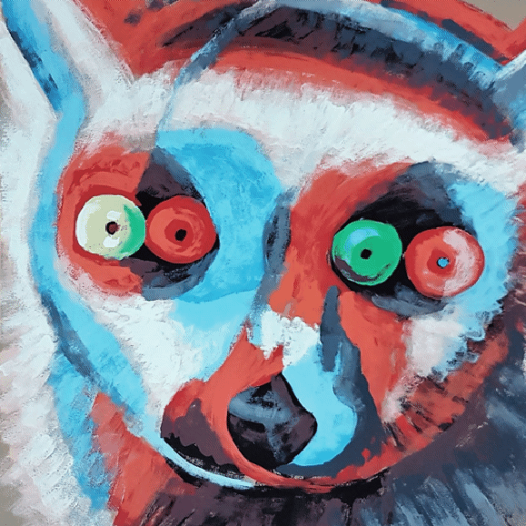 Roi Pajursky - Close-up of a colorful surreal lemur with vibrant red and green eyes - Acrylic painting style GIF