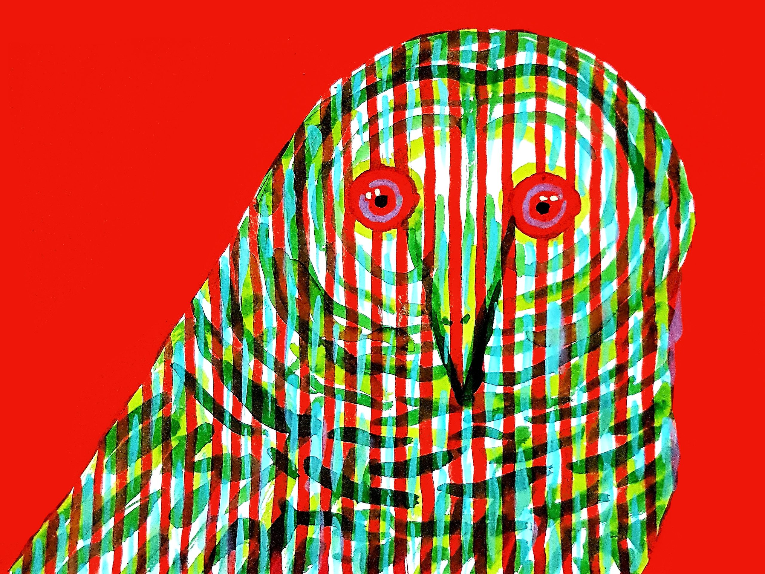 Roi Pajursky stripes owl ink painting featuring vibrant red, green, and yellow hues. This kinetic expressionist artwork uses rhythmic vertical lines to create a sense of vibration and depth, part of the Living Canvas series.
