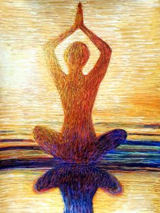 Roi Pajursky - A framed original painting created with acrylic paint and markers, featuring a stylized human figure in a seated, meditative yoga pose against a textured, warm orange and yellow background. The figure has an intricate blue and purple dotted and striped pattern, creating a vibrational sense of energy and inner peace.