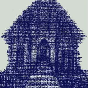 Ancient Sanctuary - Original Framed Blue Pencil Drawing