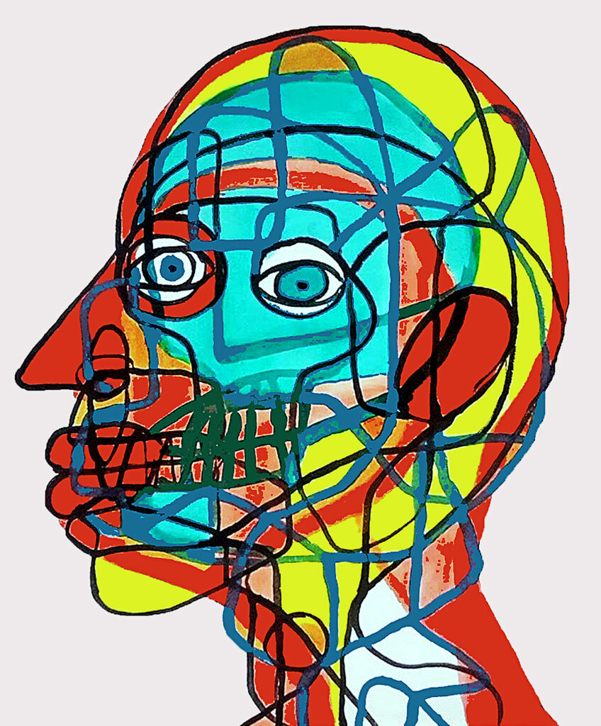 Abstract geometric head profile portrait by Roi Pajursky. A contemporary fine art ink drawing on paper featuring vibrant color fields and interwoven black lines, perfect for modern home decor, living room wall art, and premium POD canvas prints.